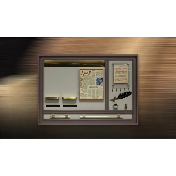 Vintage Newspaper and Ink Tools Shadow Box, 100 x 70 cm in oatmeal — in a room setting