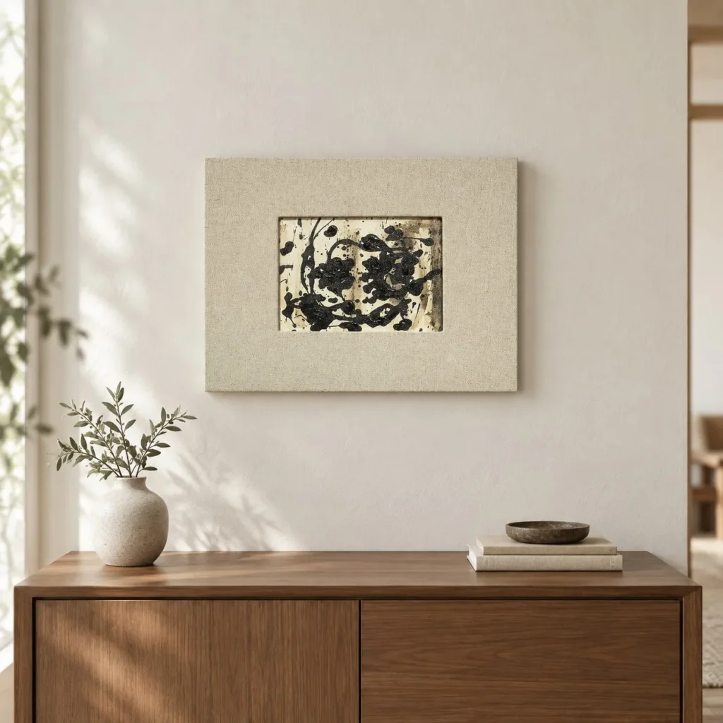 Small Ink Splash on Linen Wall Art, 43 x 33 cm in oatmeal — front view
