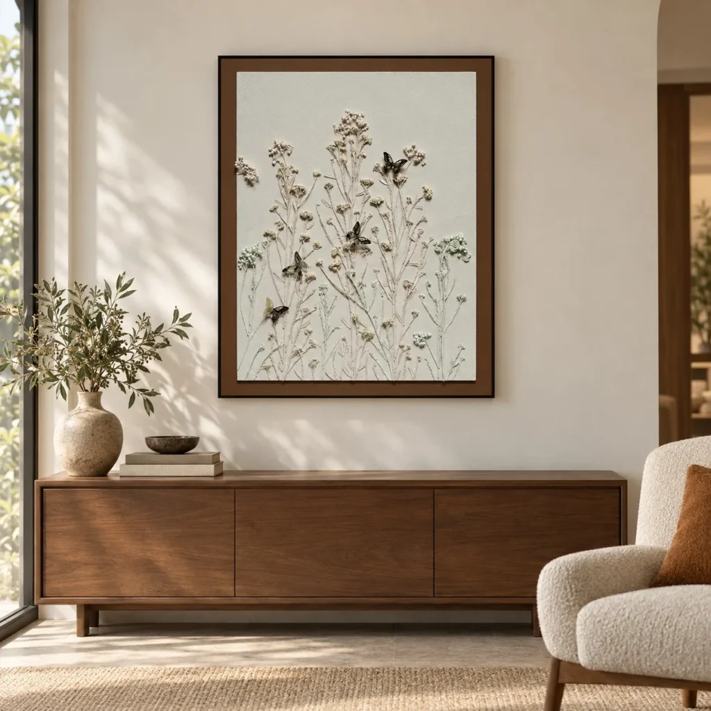 Dried Wildflower Relief in Walnut Frame, 80 x 100 cm — front view