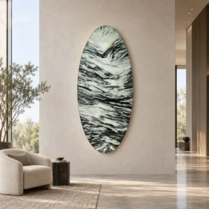 Tall Oval Marbled Green Wall Art, 80 x 180 cm in olive — front view