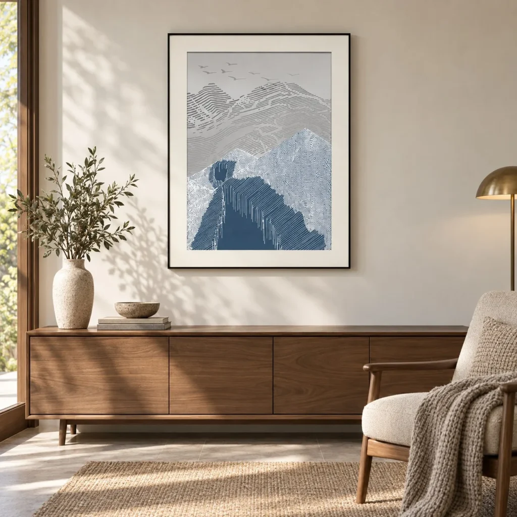 Navy Mountain and Cliff Print in White Frame, 70 x 90 cm — front view
