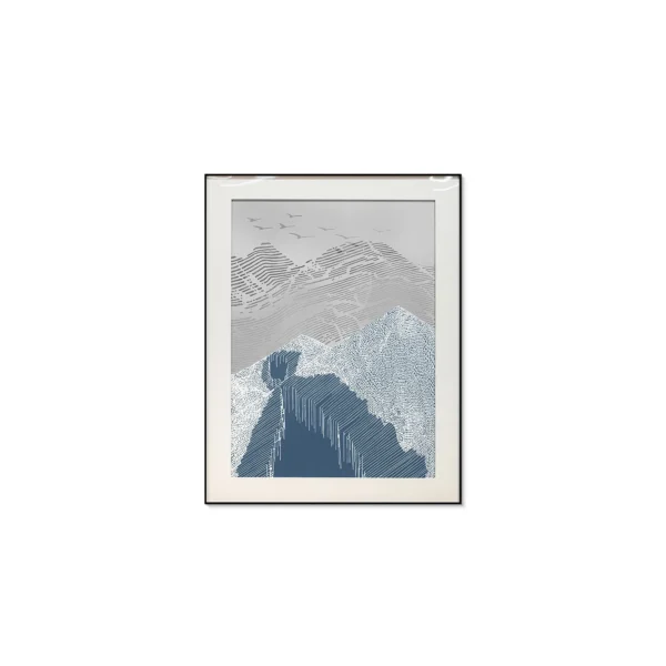 Navy Mountain and Cliff Print in White Frame, 70 x 90 cm — in a room setting