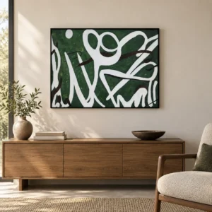 White Line Abstract on Green Painting in Black Frame, 80 x — front view