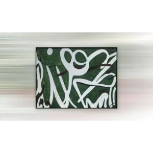 White Line Abstract on Green Painting in Black Frame, 80 x — in a room setting
