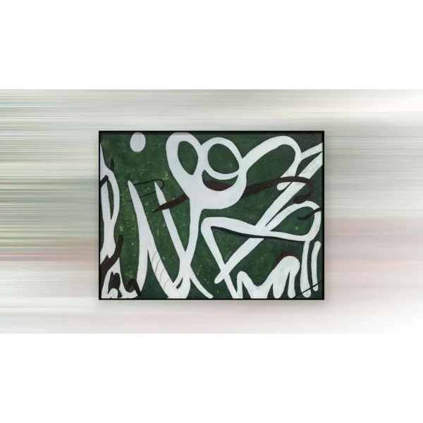 White Line Abstract on Green Painting in Black Frame, 80 x — in a room setting