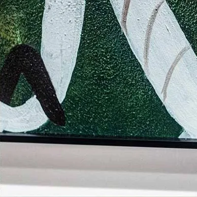 White Line Abstract on Green Painting in Black Frame, 80 x — detail