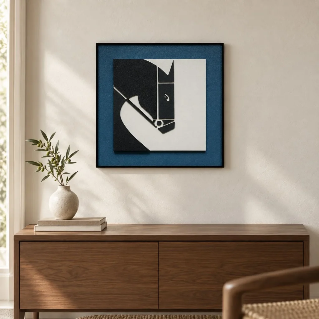 Black and White Horse Head Graphic in Navy Mount, 45 x 45 cm — front view