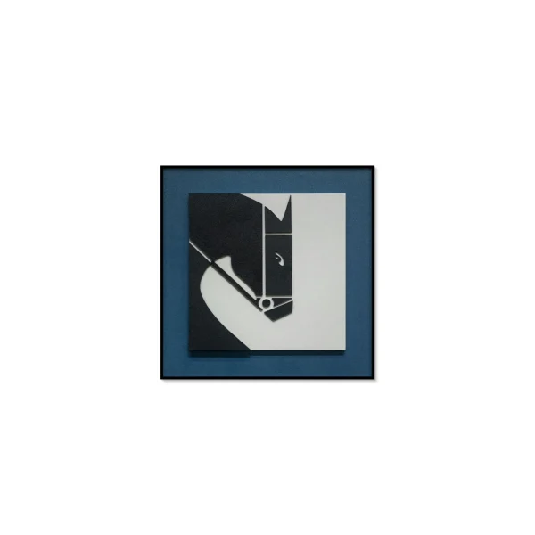 Black and White Horse Head Graphic in Navy Mount, 45 x 45 cm — in a room setting