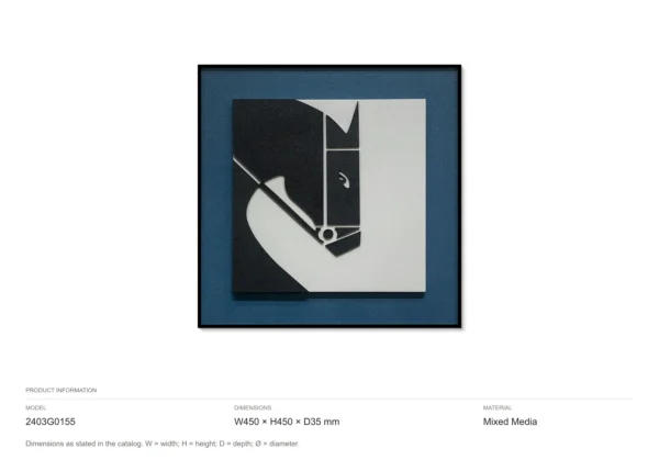 Black and White Horse Head Graphic in Navy Mount, 45 x 45 cm — dimensions
