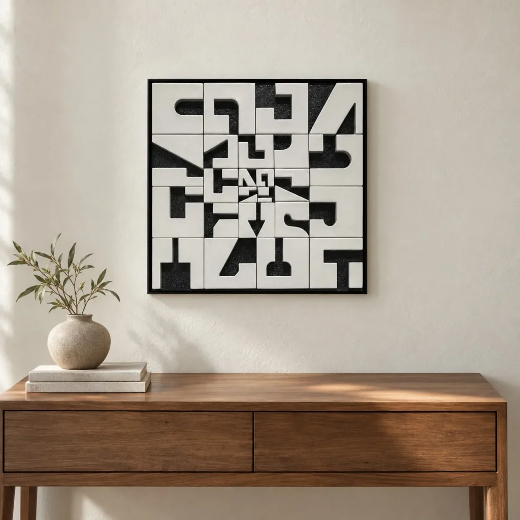 Black and White Tile Puzzle Relief, 35 x 35 cm in black — front view