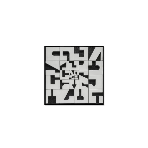 Black and White Tile Puzzle Relief, 35 x 35 cm in black — in a room setting