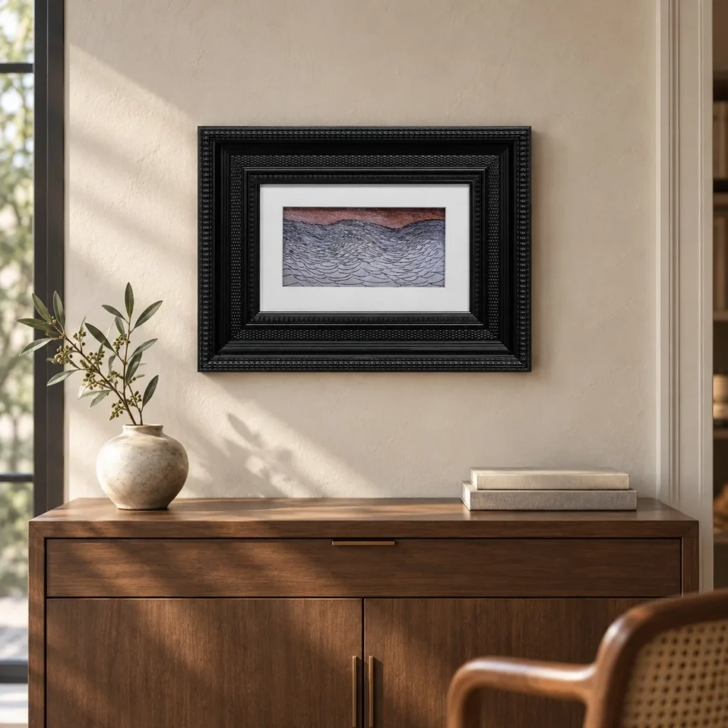 Small Mountain Sketch in Black Ribbed Frame, 40 x 30 cm — front view