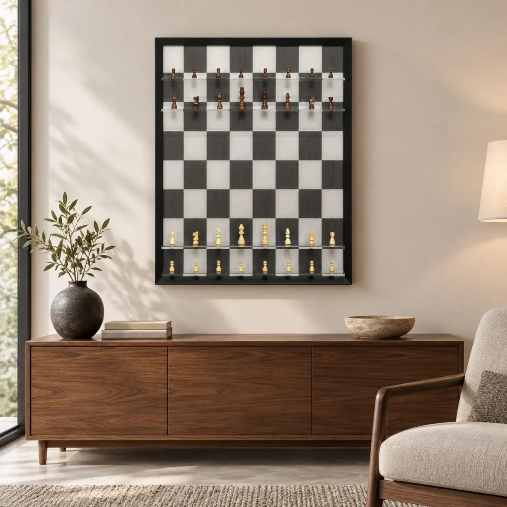 Chessboard Wall Art with Pieces in Black Frame, 70 x 90 cm — front view