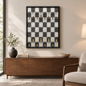 Chessboard Wall Art with Pieces in Black Frame, 70 x 90 cm — front view
