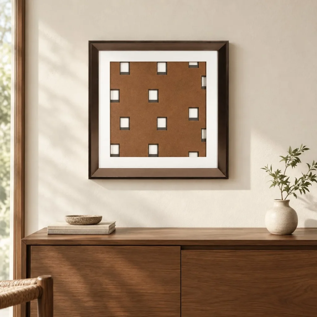 Cocoa Grid with White Tiles Wall Art in Walnut Frame, 53 x — front view