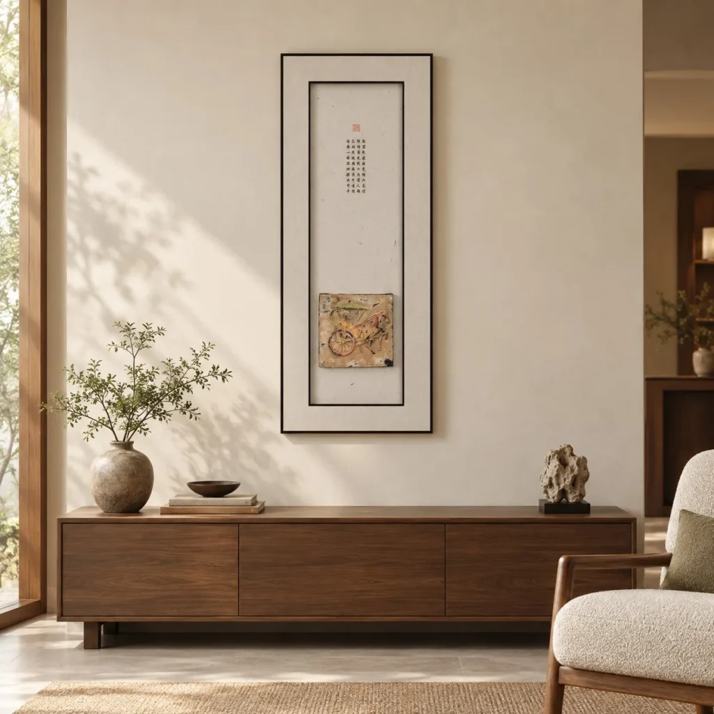 Tall Linen Scroll with Seal and Fragment, 40 x 100 cm in oatmeal — front view