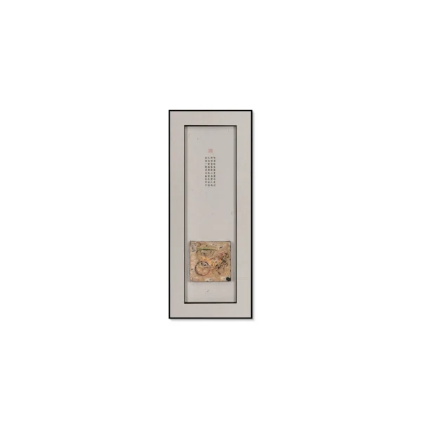Tall Linen Scroll with Seal and Fragment, 40 x 100 cm in oatmeal — in a room setting