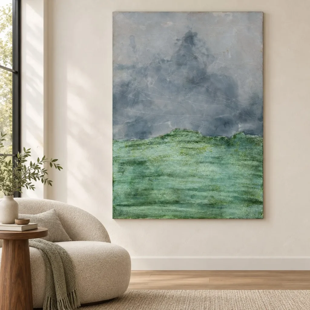 Storm Over Green Field Mixed Media Wall Art, 90 x 125 cm in olive — front view
