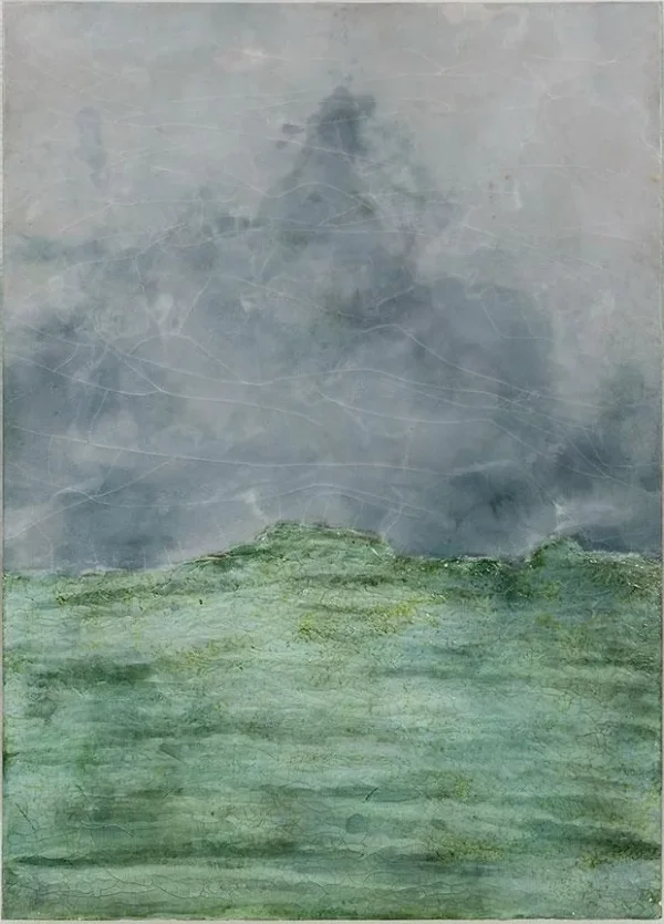 Storm Over Green Field Mixed Media Wall Art, 90 x 125 cm in olive — in a room setting