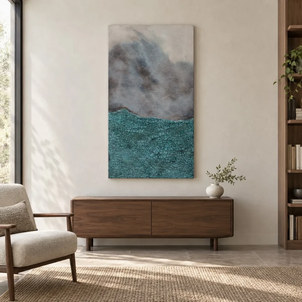 Misty Sky Over Teal Sea Mixed Media Wall Art, 70 x 130 cm in blue — front view