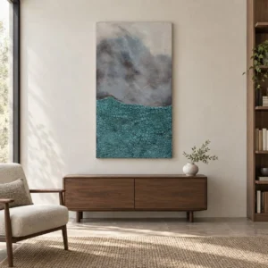 Misty Sky Over Teal Sea Mixed Media Wall Art, 70 x 130 cm in blue — front view