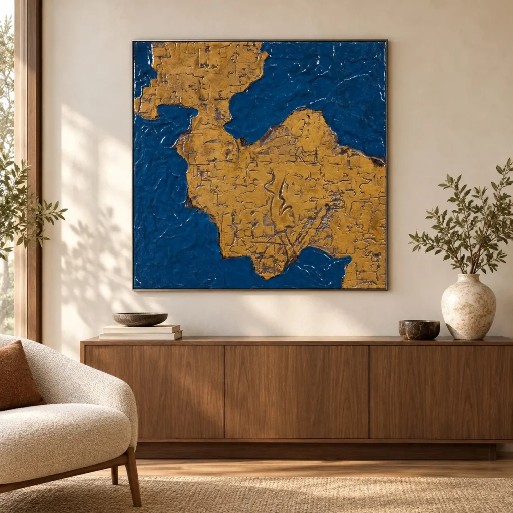 Blue and Gold Continent Abstract Wall Art, 100 x 100 cm in blue — front view