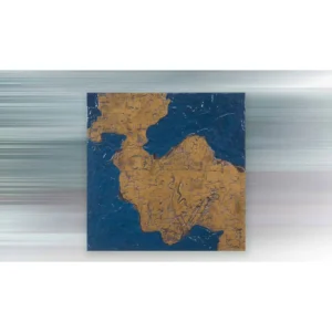 Blue and Gold Continent Abstract Wall Art, 100 x 100 cm in blue — in a room setting