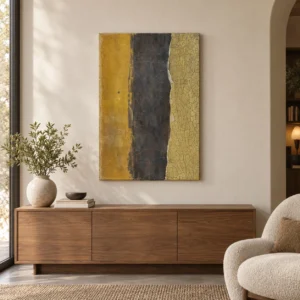 Gold and Charcoal Stripe Abstract Wall Art, 60 x 90 cm in brushed brass — front view