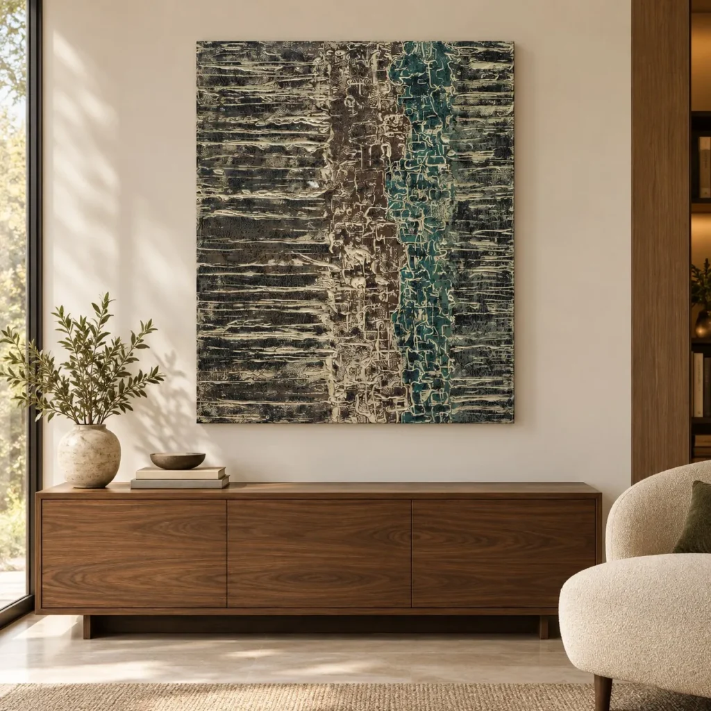 Teal and Rust Striated Abstract Wall Art, 100 x 120 cm in blue — front view