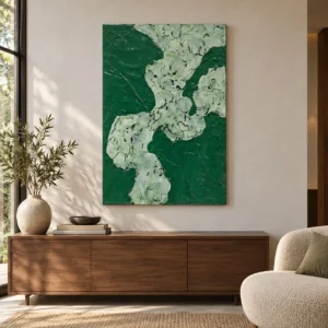 Emerald and White Blossom Abstract Wall Art, 80 x 120 cm in olive — front view