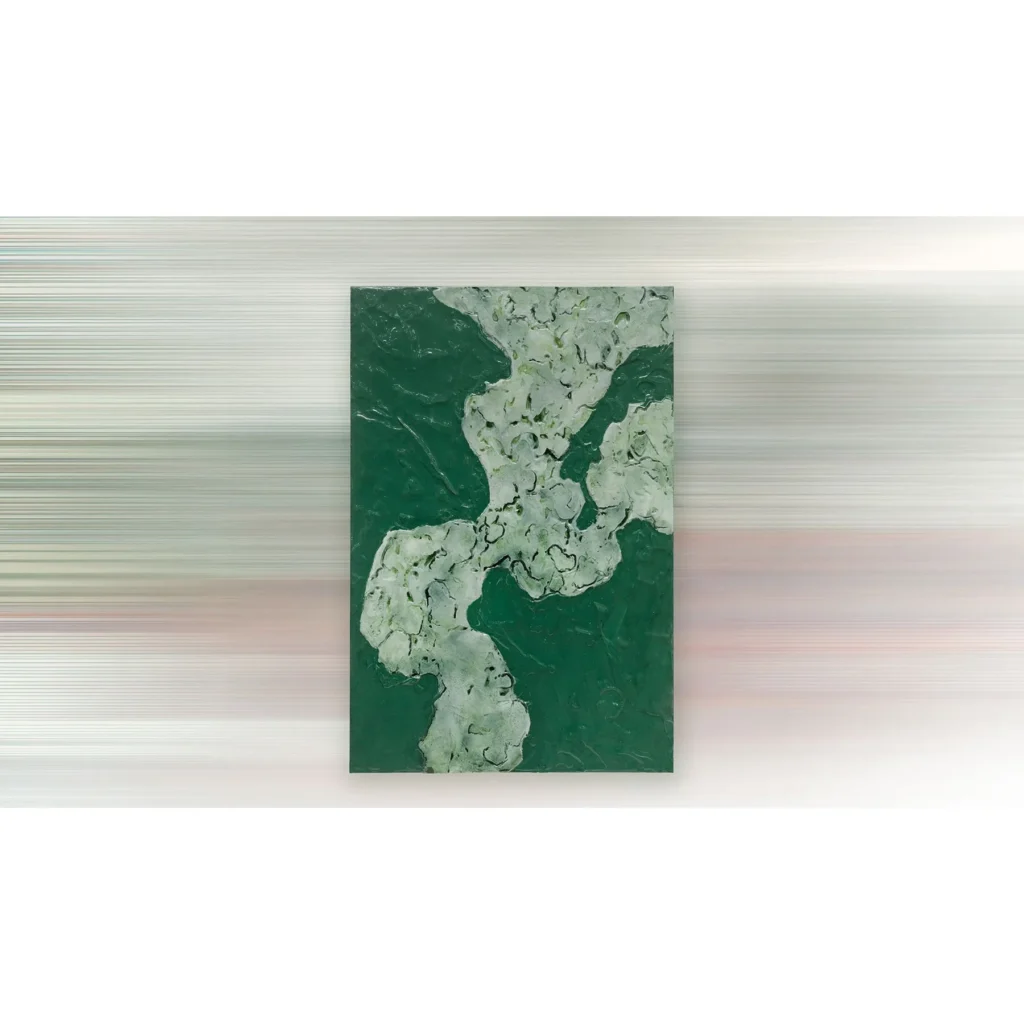 Emerald and White Blossom Abstract Wall Art, 80 x 120 cm in olive — in a room setting