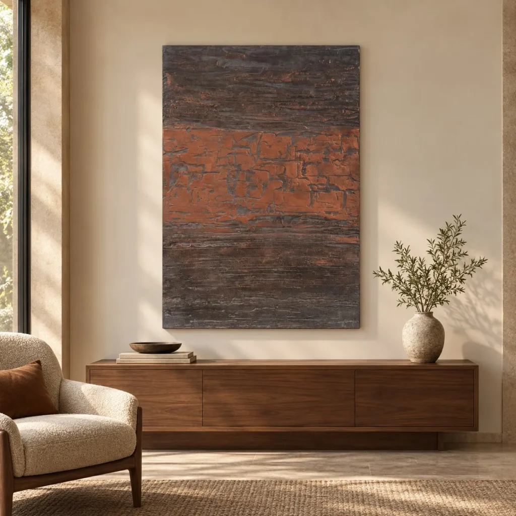 Rust and Slate Striated Abstract Wall Art, 90 x 130 cm in rust — front view