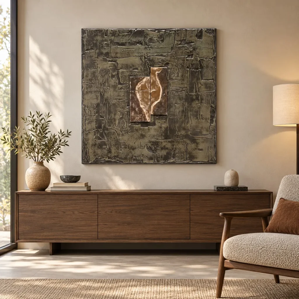 Olive Relief Wall Art with Bronze Leaf, 100 x 100 cm in olive — front view