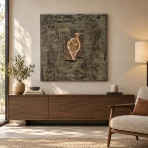 Olive Relief Wall Art with Bronze Leaf, 100 x 100 cm in olive — front view