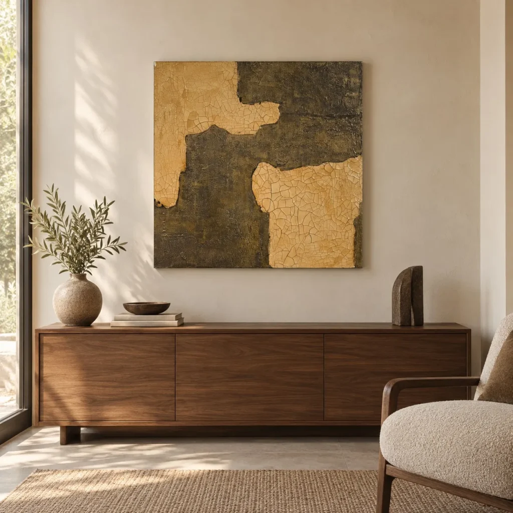 Gold and Charcoal Continent Abstract Wall Art, 80 x 80 cm in brushed brass — front view