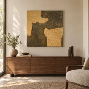 Gold and Charcoal Continent Abstract Wall Art, 80 x 80 cm in brushed brass — front view