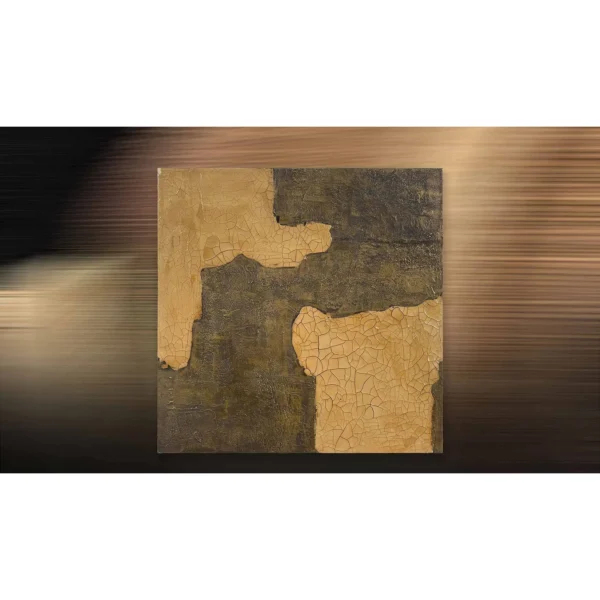 Gold and Charcoal Continent Abstract Wall Art, 80 x 80 cm in brushed brass — in a room setting