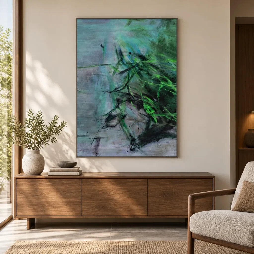 Green Bamboo Abstract Painting in Black Frame, 90 x 120 cm — front view