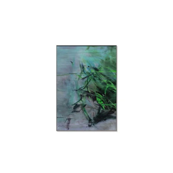 Green Bamboo Abstract Painting in Black Frame, 90 x 120 cm — in a room setting
