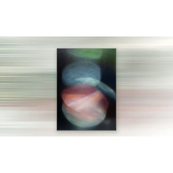 Blurred Sphere Abstract Painting, 130 x 180 cm in black — in a room setting