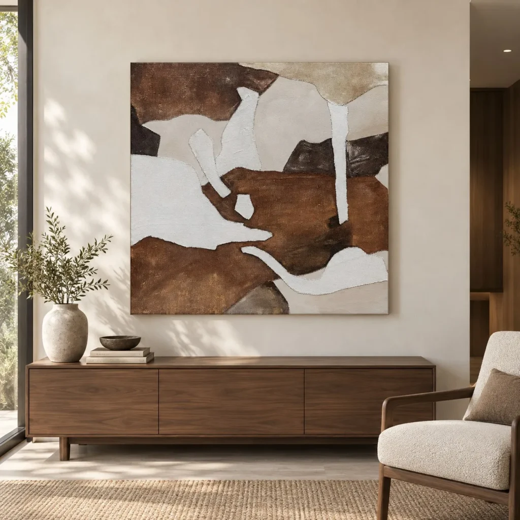 Brown and White Abstract Shape Painting, 130 x 130 cm in clay — front view