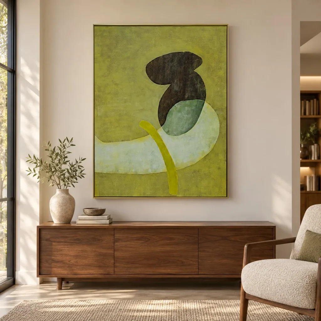 Chartreuse Abstract Painting with Black Form, 90 x 120 cm in olive — front view