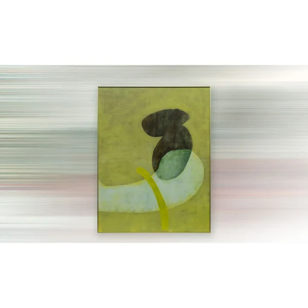 Chartreuse Abstract Painting with Black Form, 90 x 120 cm in olive — in a room setting