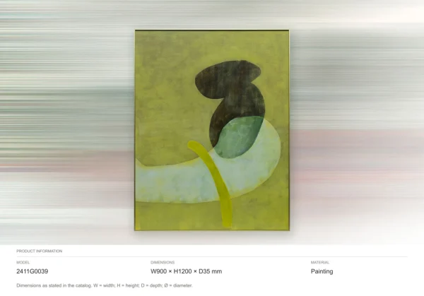 Chartreuse Abstract Painting with Black Form, 90 x 120 cm in olive — dimensions