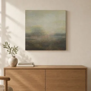 Misty Horizon Painting in Sage and Grey, 60 x 60 cm — front view