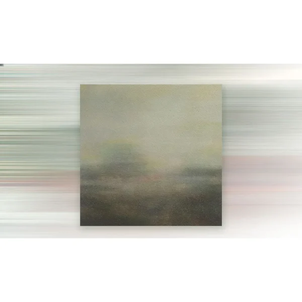 Misty Horizon Painting in Sage and Grey, 60 x 60 cm — in a room setting