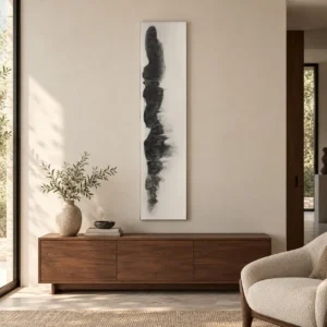 Tall Black Ink Column Painting, 30 x 130 cm in black — front view