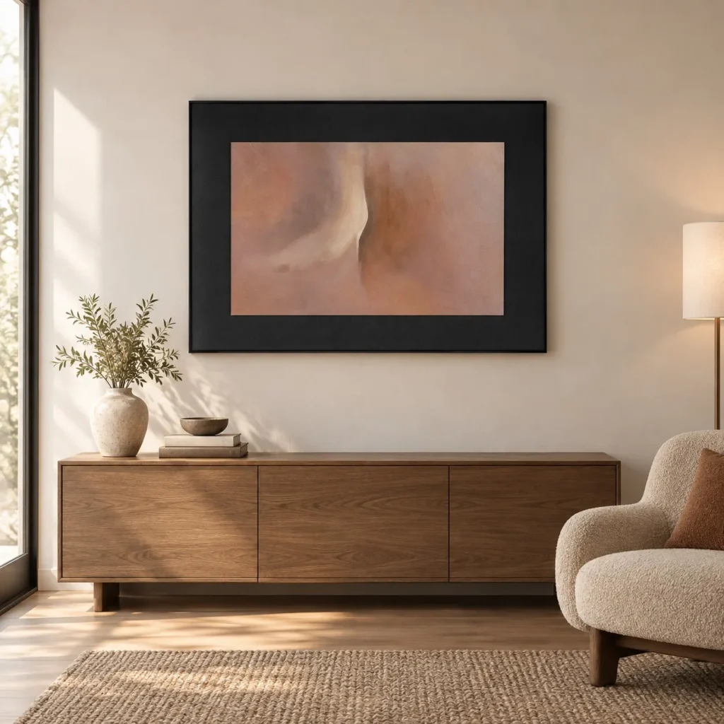 Terracotta Wash Painting in Wide Black Frame, 110 x 80 cm — front view