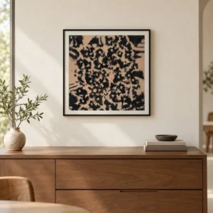 Black Leopard Spot Painting on Peach, 50 x 50 cm in black — front view
