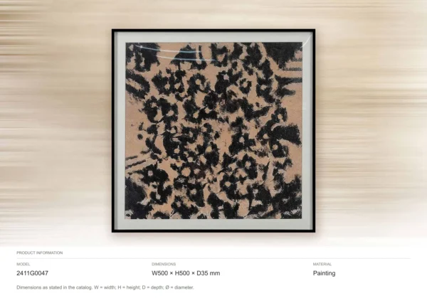 Black Leopard Spot Painting on Peach, 50 x 50 cm in black — dimensions